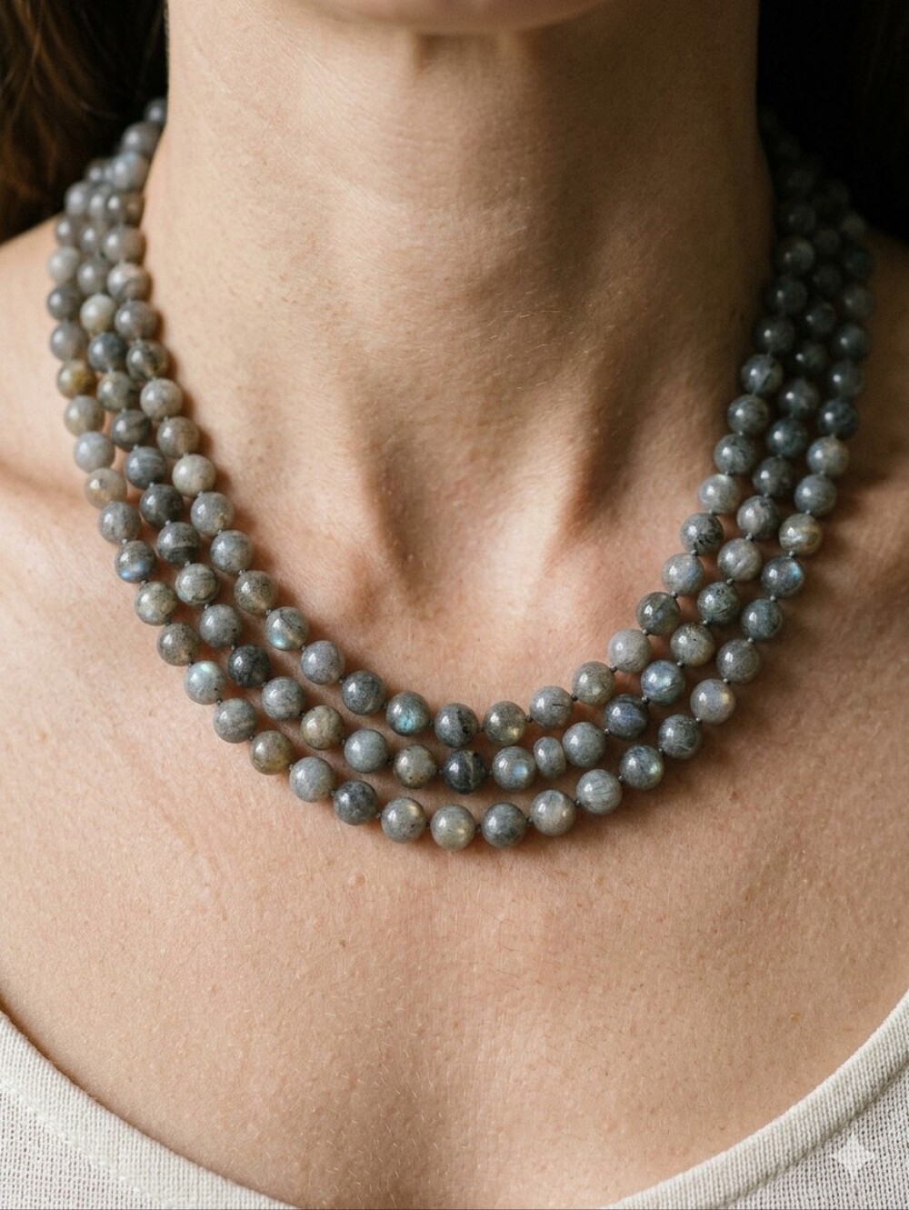 Natural Labradorite Gemstone Silk Hand Knotted Three-Strand Beaded Necklace